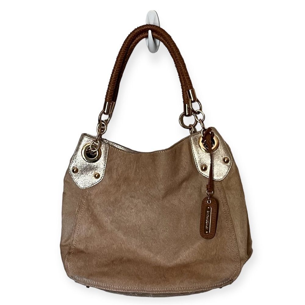 Cynthia Rowley Tan Leather Calf Hair Purse Shoulder Bag with Metallic Accents
